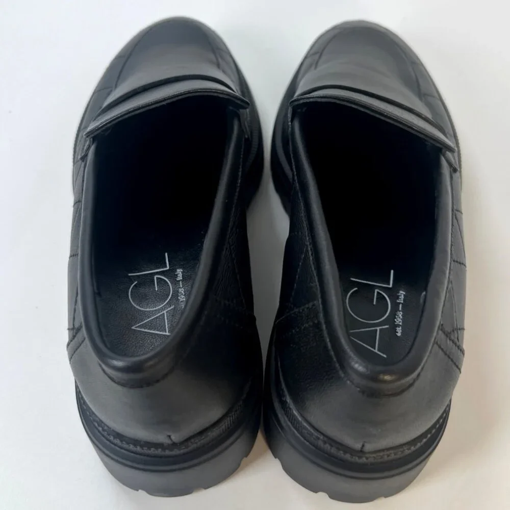 AGL Mary Quilted Leather Loafers Black Chunky Heel Women Size 38